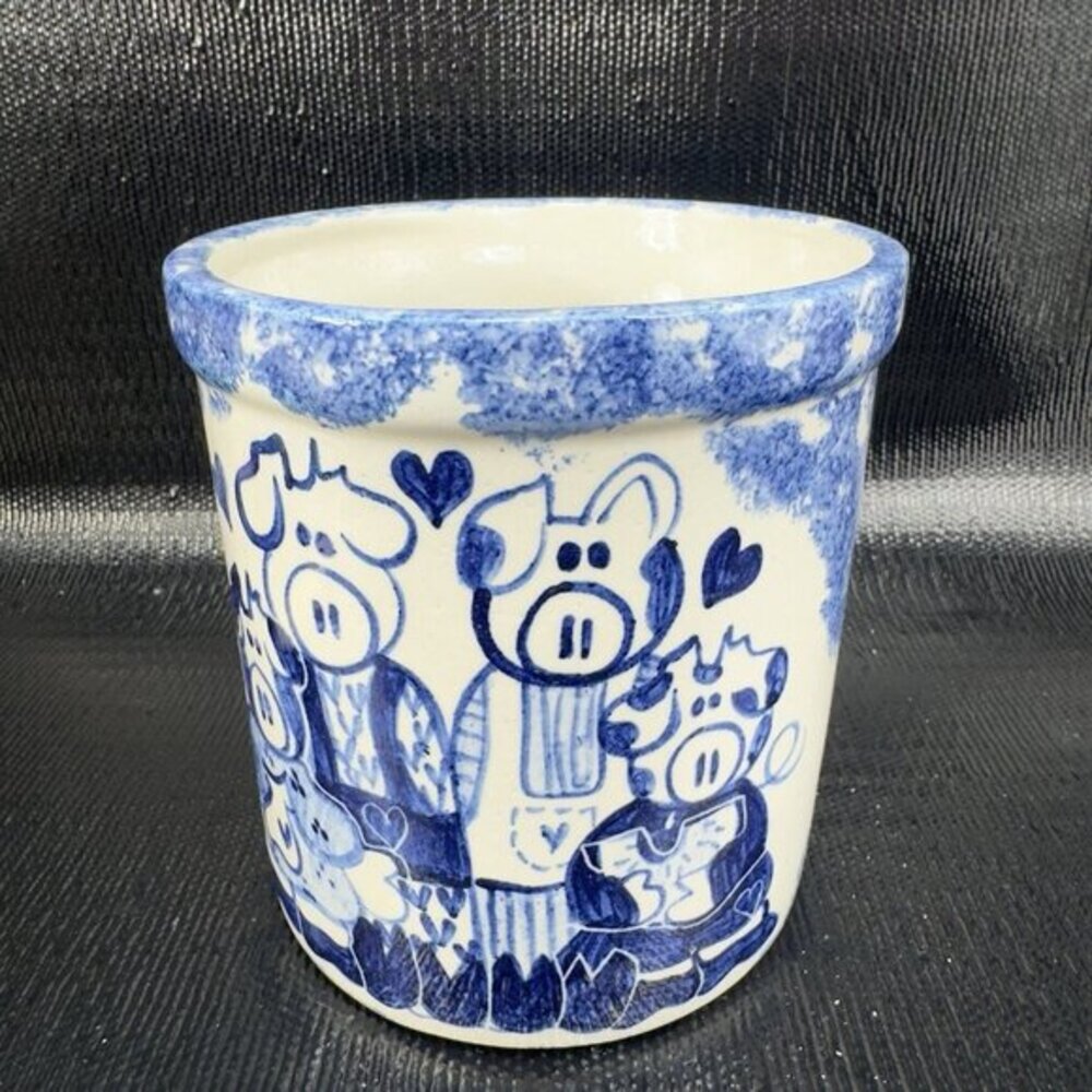 Farmhouse Pig Kitchen Utensil Vase Container Hand Made‎ Signed Blue Gray Pottery